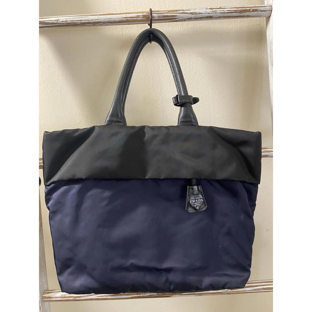 Prada Tessuto Black Blue Nylon Leather Bomber Hand Tote Bag